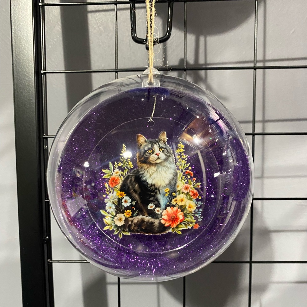 Purple Cat Ornament with Floral Design